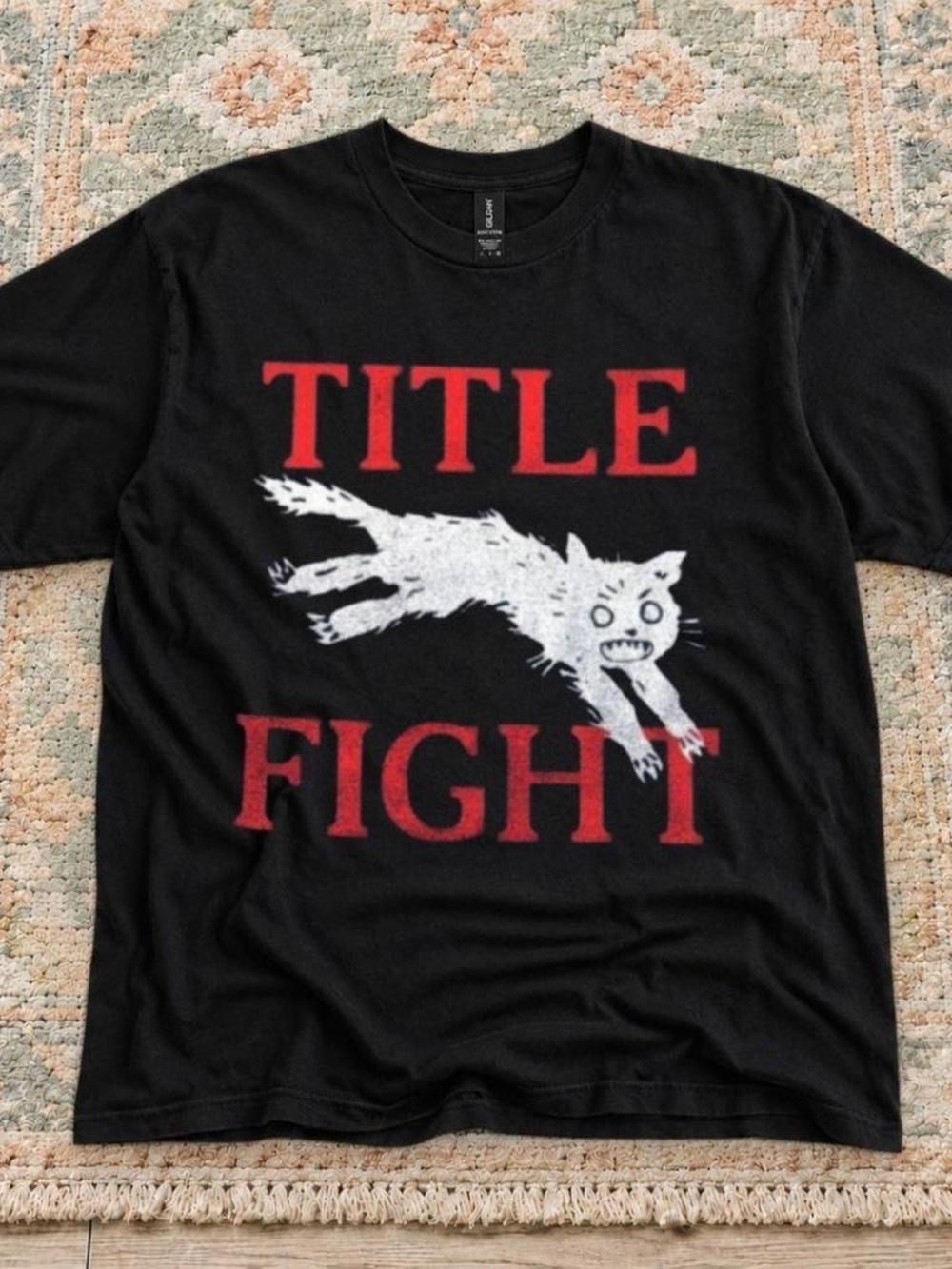 Gildan Black Tee with Red 'TITLE FIGHT' and White Cat Graphic